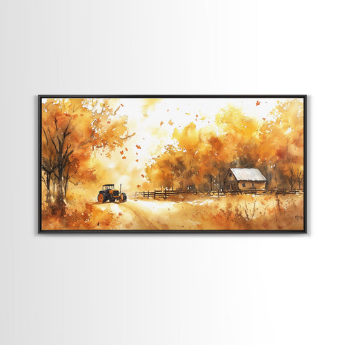 Autumn farmhouse art Canvas Print tractor and cabin rustic decor vintage fall wall art seasonal wall art gift idea fall holiday home decor