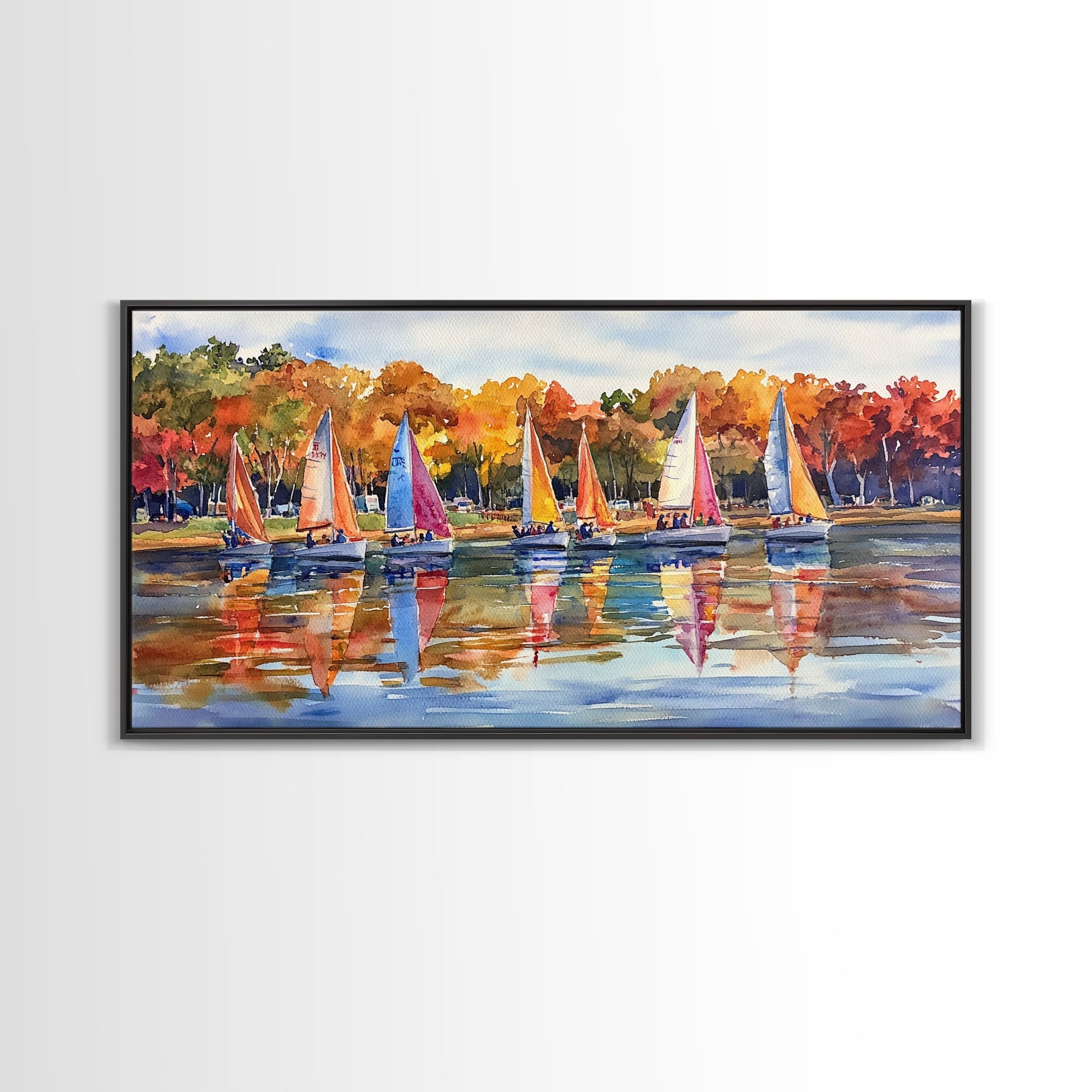 Sailboats on autumn lake, framed canvas print, colorful fall decor, nautical wall art for fall home, rustic autumn wall art, gift idea