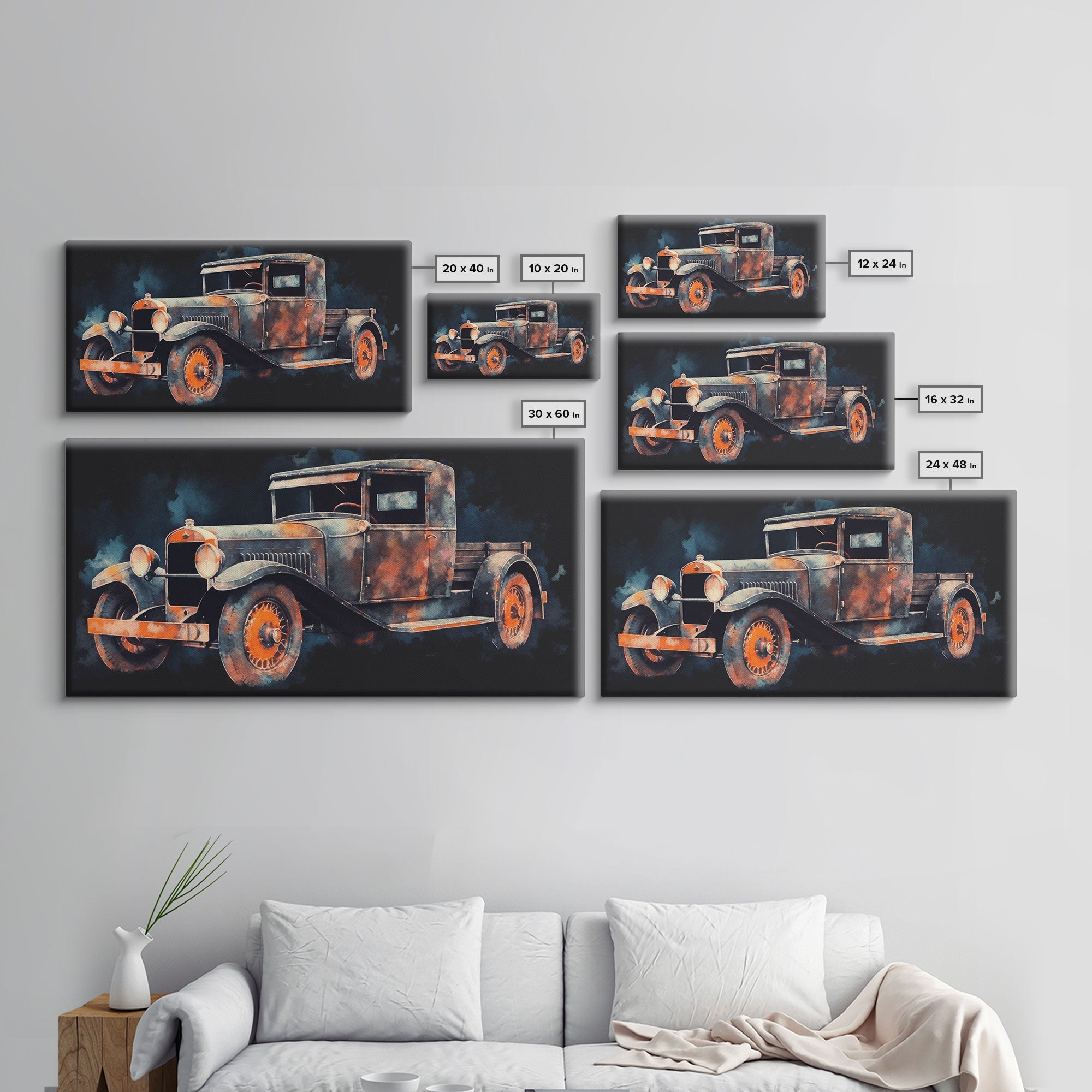 Watercolor Vintage Car Wall Decor, Watercolor Wall Art, 1920's Wall Decor, Panoramic Wall Decor, Canvas Print, Wall Art, Framed Canvas Art