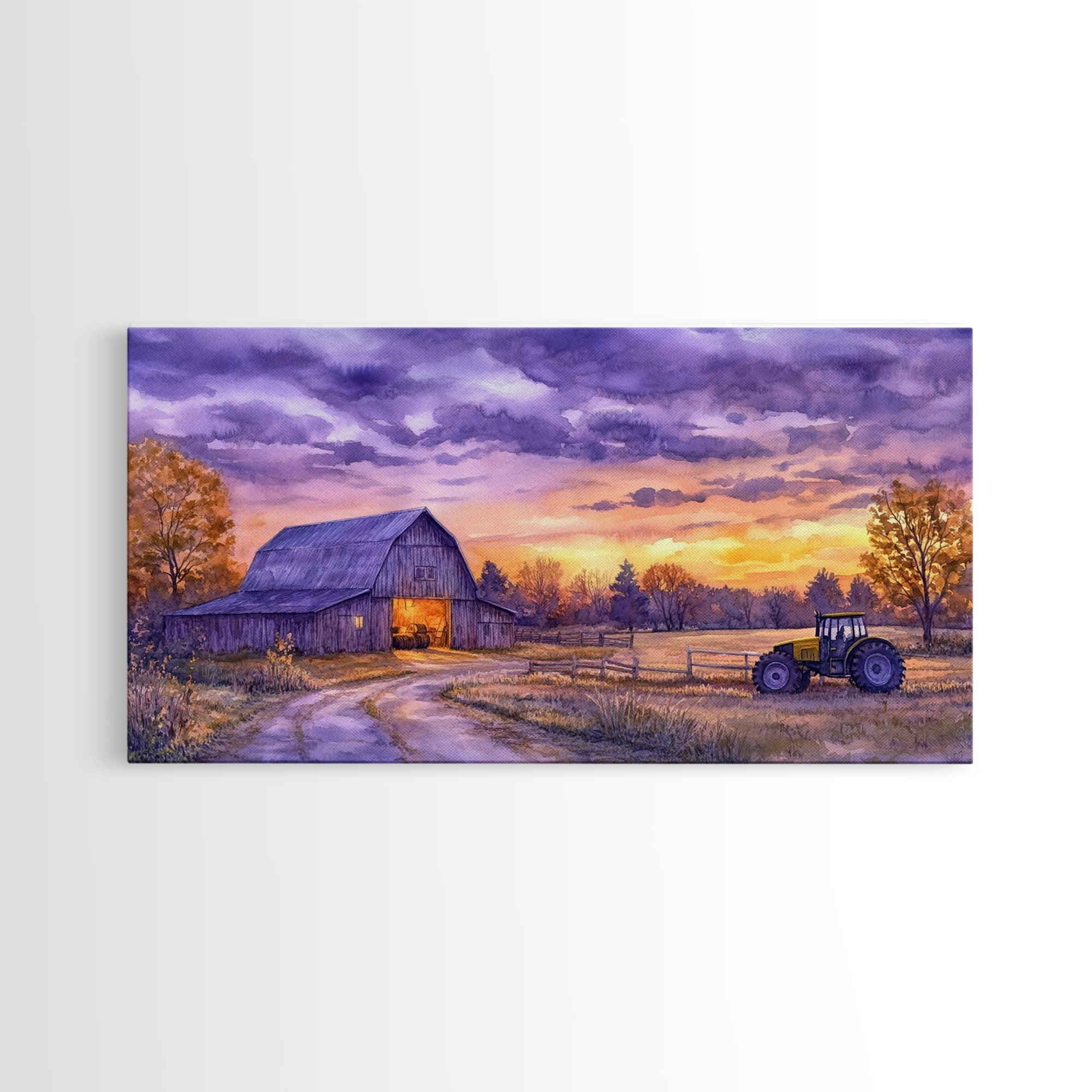 Farmhouse autumn decor Framed Canvas Print evening barn scene with tractor warm fall colors gift idea autumn seasonal wall art rustic decor
