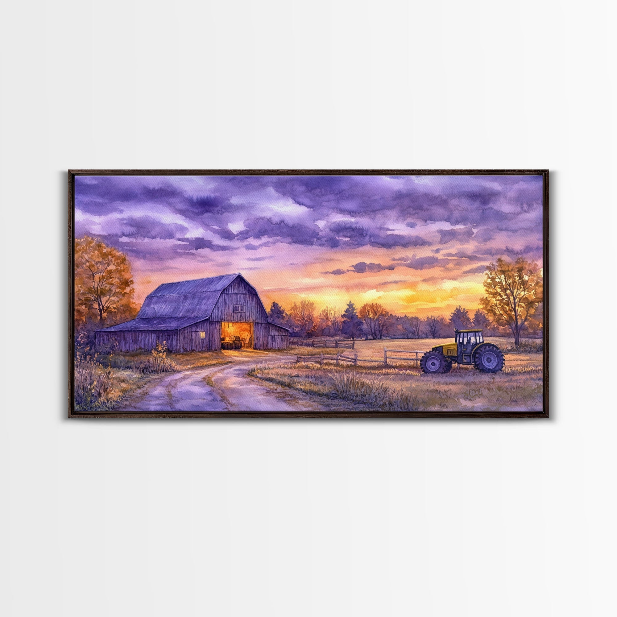 Farmhouse autumn decor Framed Canvas Print evening barn scene with tractor warm fall colors gift idea autumn seasonal wall art rustic decor