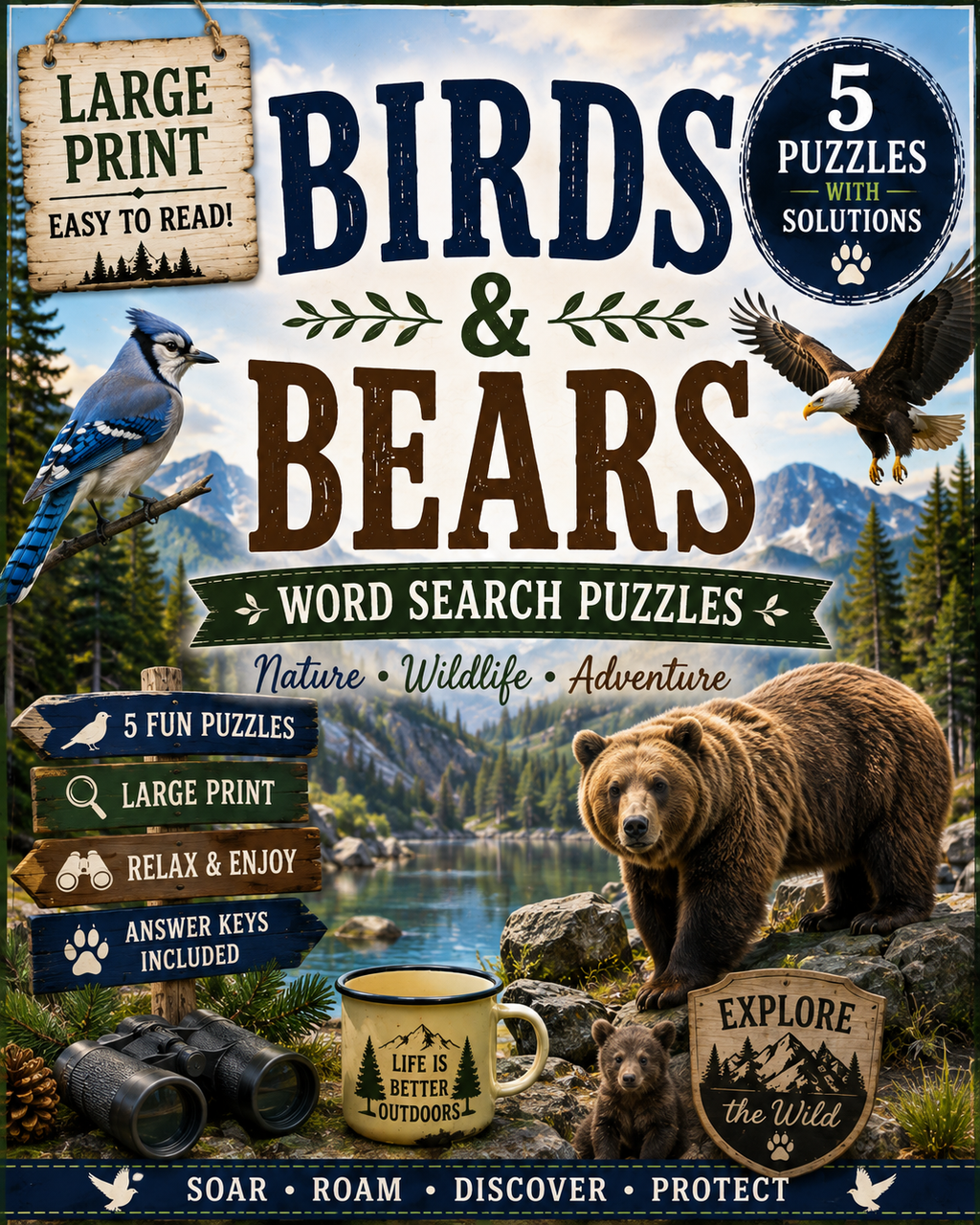 Birds & Bears — Printable Large Print Word Search | Instant Download PDF