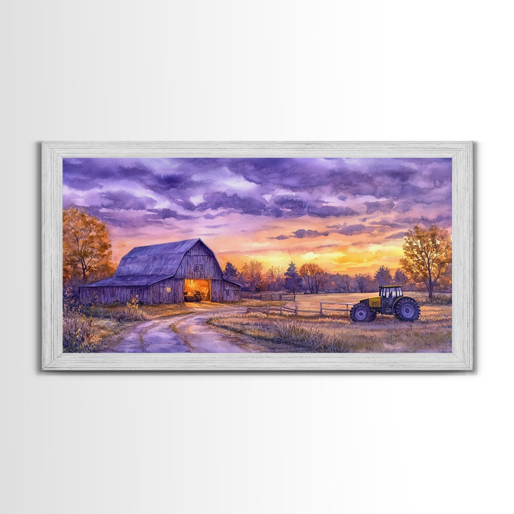 Farmhouse autumn decor Framed Canvas Print evening barn scene with tractor warm fall colors gift idea autumn seasonal wall art rustic decor