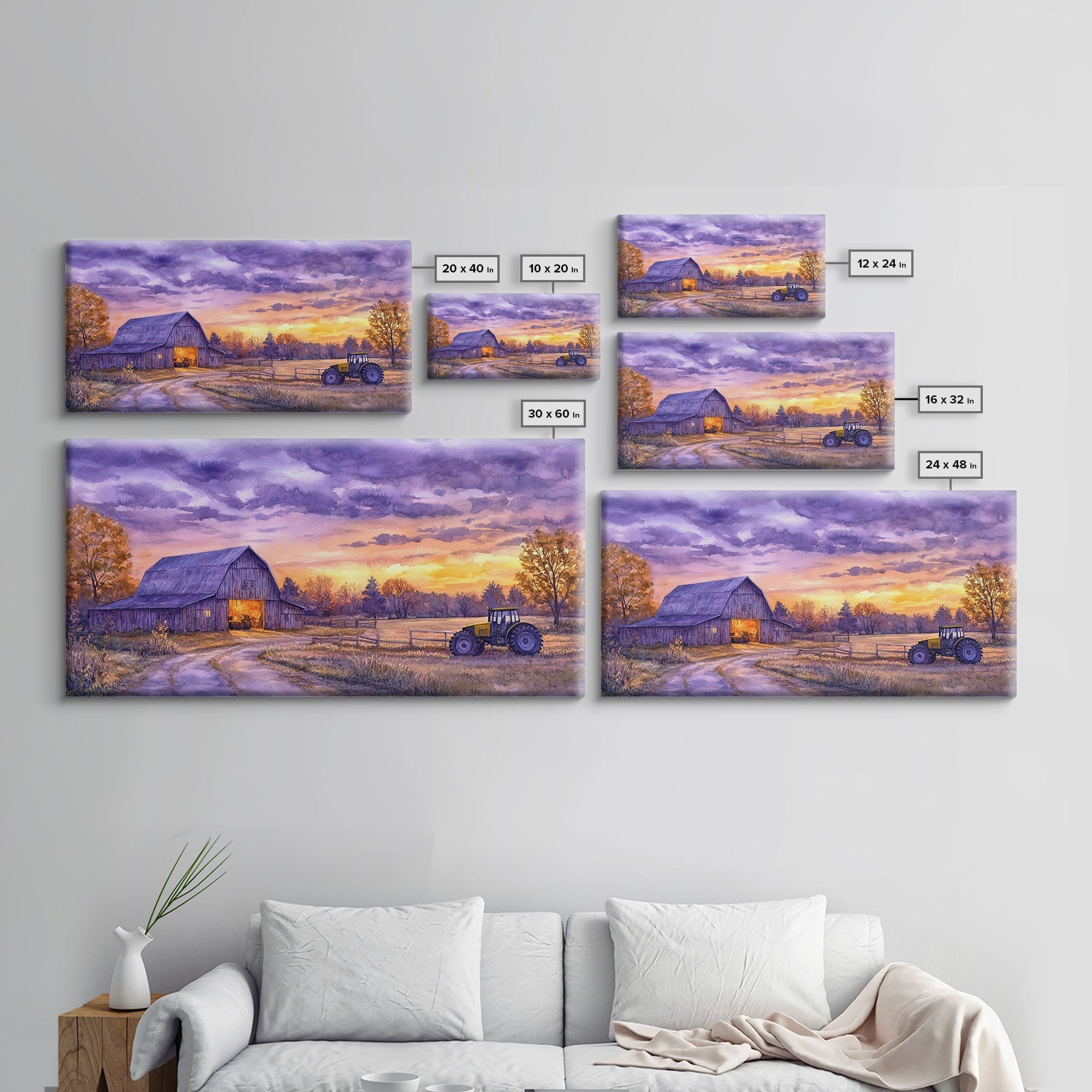 Farmhouse autumn decor Framed Canvas Print evening barn scene with tractor warm fall colors gift idea autumn seasonal wall art rustic decor