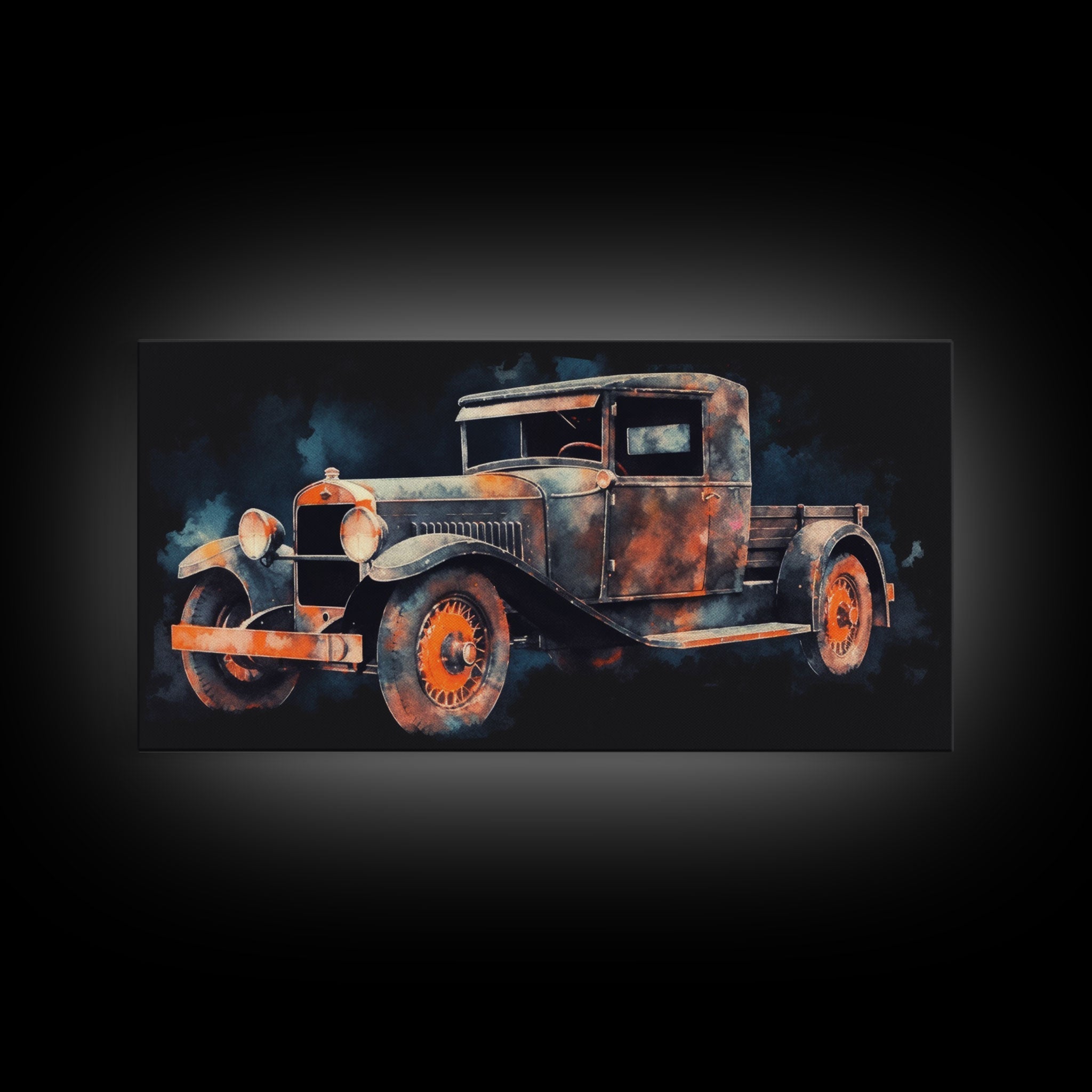 Watercolor Vintage Car Wall Decor, Watercolor Wall Art, 1920's Wall Decor, Panoramic Wall Decor, Canvas Print, Wall Art, Framed Canvas Art