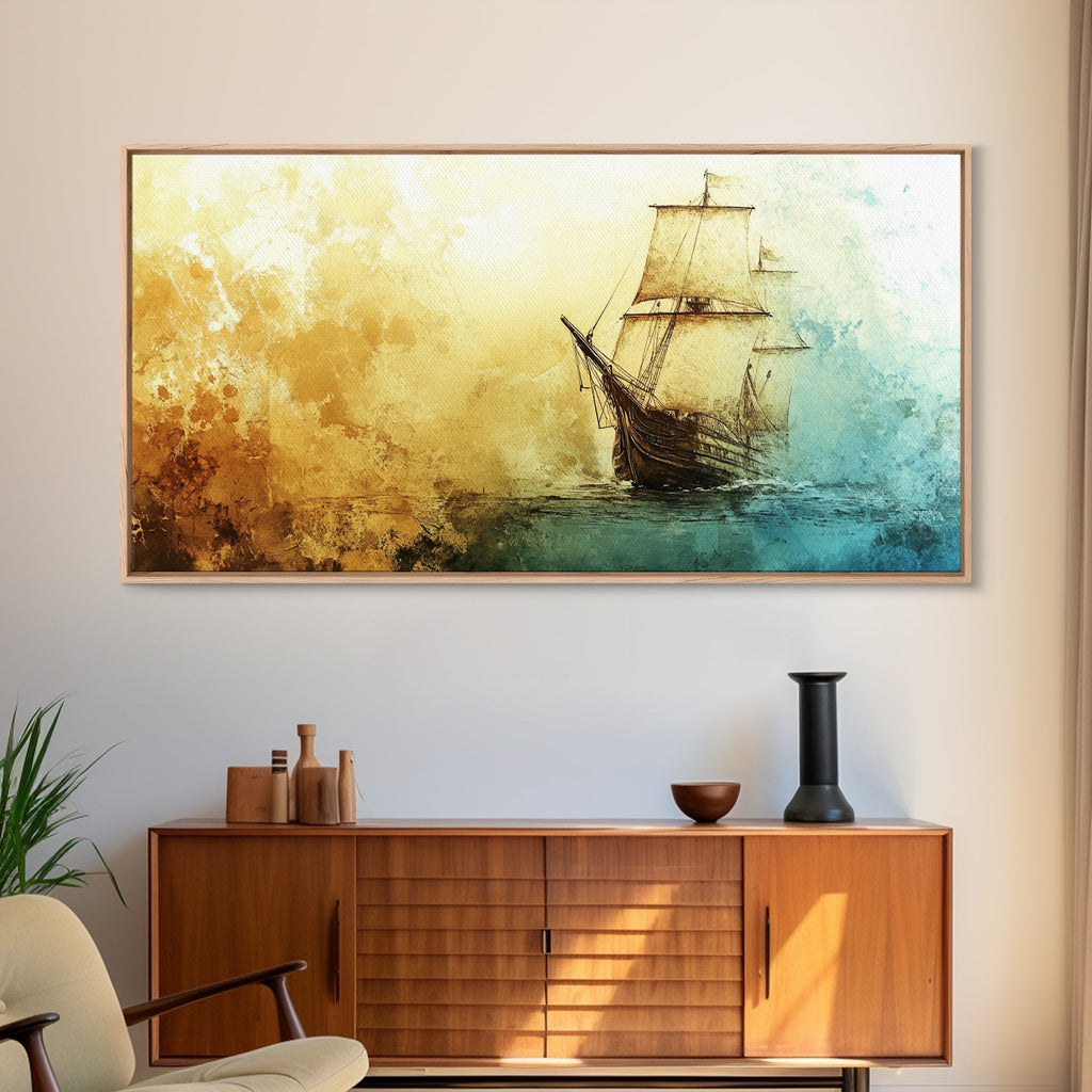 Abstract Pirate Ship Nautical Decor Framed Canvas Print - Nautical Wall Decor - Sailboat Painting - Neutral Wall Decor - Coastal Wall Art