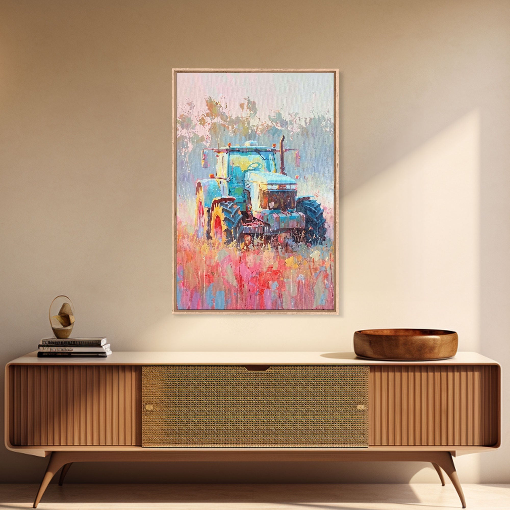 Farm Tractor in Vibrant Meadow - Framed Canvas Print, Countryside Living Room Art, Pastel Bedroom Decor, Rural Art, Wall Art