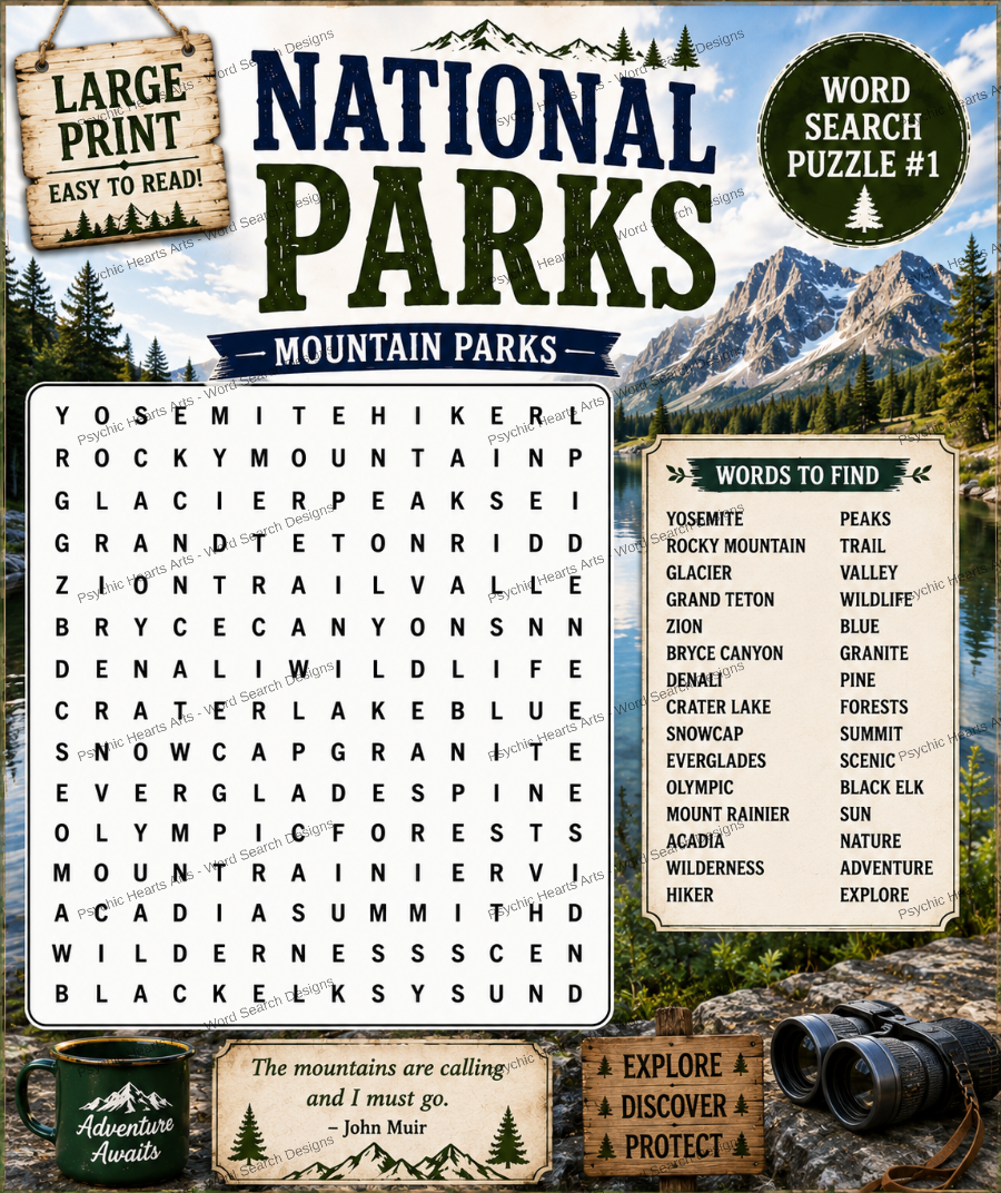 National Parks — Printable Large Print Word Search | Instant Download PDF