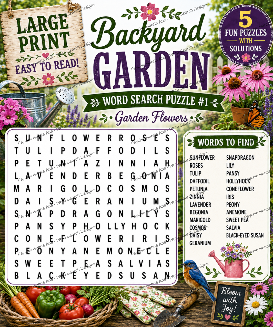 Backyard Garden — Printable Large Print Word Search | Instant Download PDF