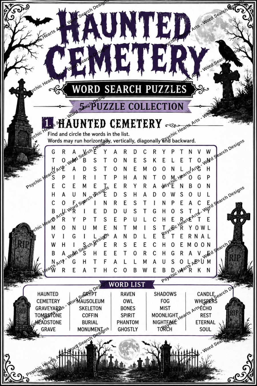 Haunted Cemetery Word Search Puzzles – 5-Puzzle Collection
