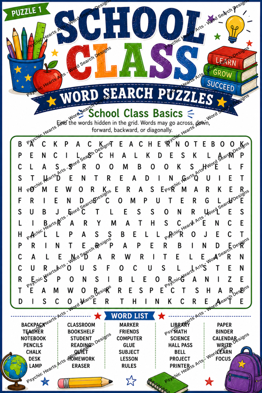School Class Word Search Puzzles