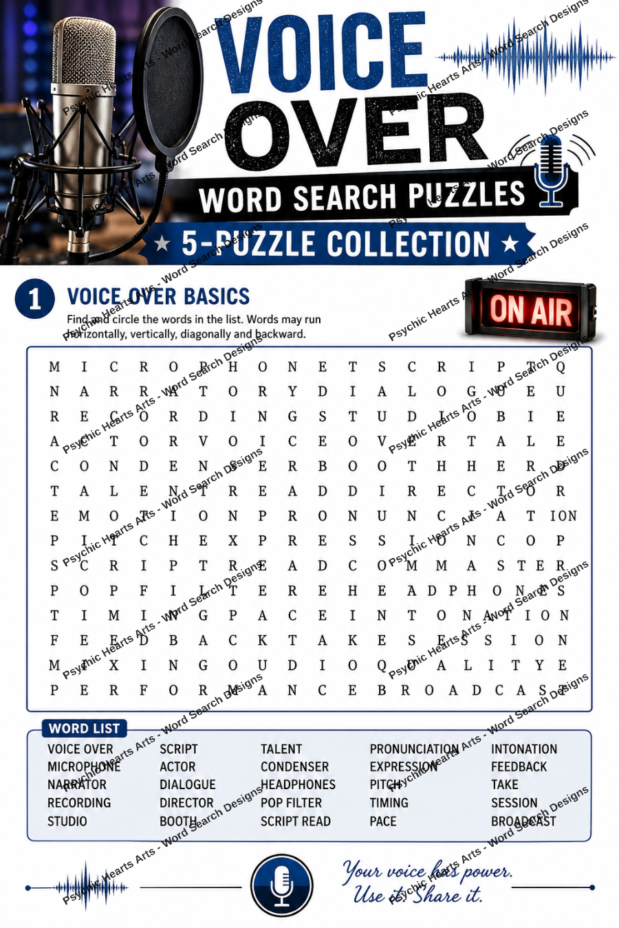Voice Over Word Search Puzzles – 5-Puzzle Collection