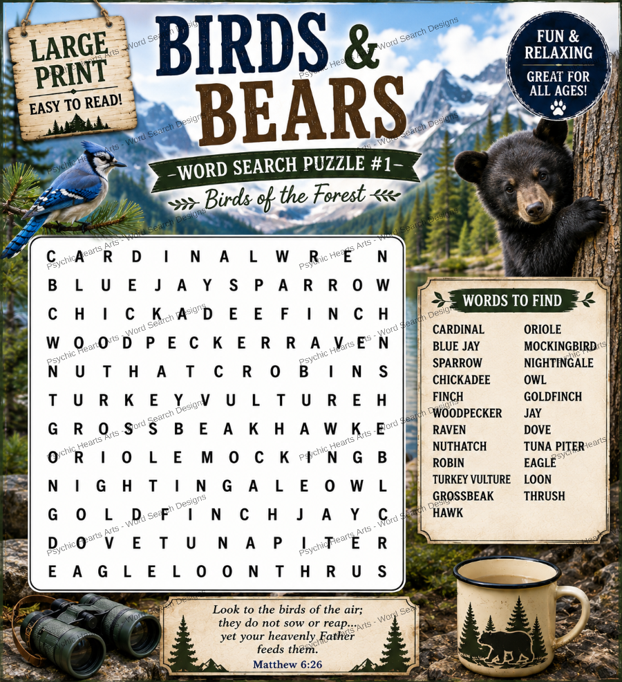 Birds & Bears — Printable Large Print Word Search | Instant Download PDF