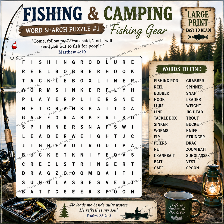 Fishing & Camping — Printable Large Print Word Search | Instant Download PDF