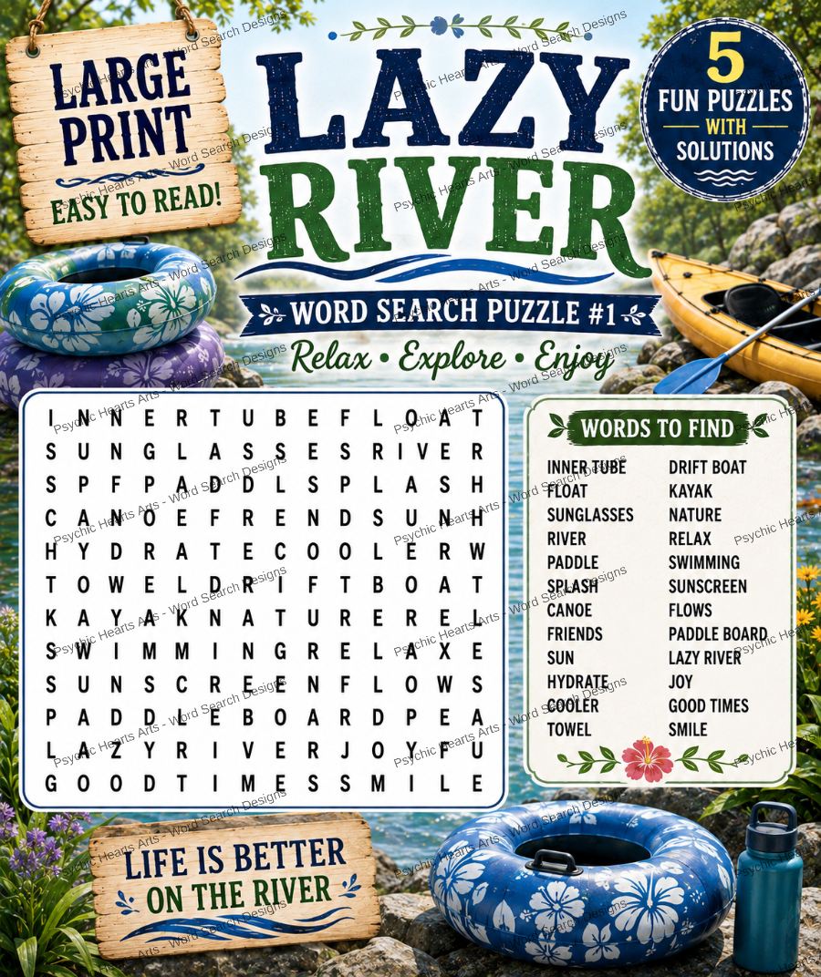 Lazy River — Printable Large Print Word Search | Instant Download PDF