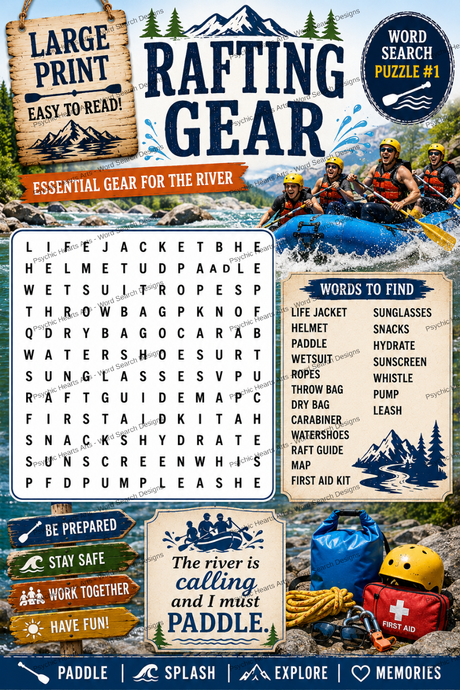Whitewater Rafting — Printable Large Print Word Search | Instant Download PDF