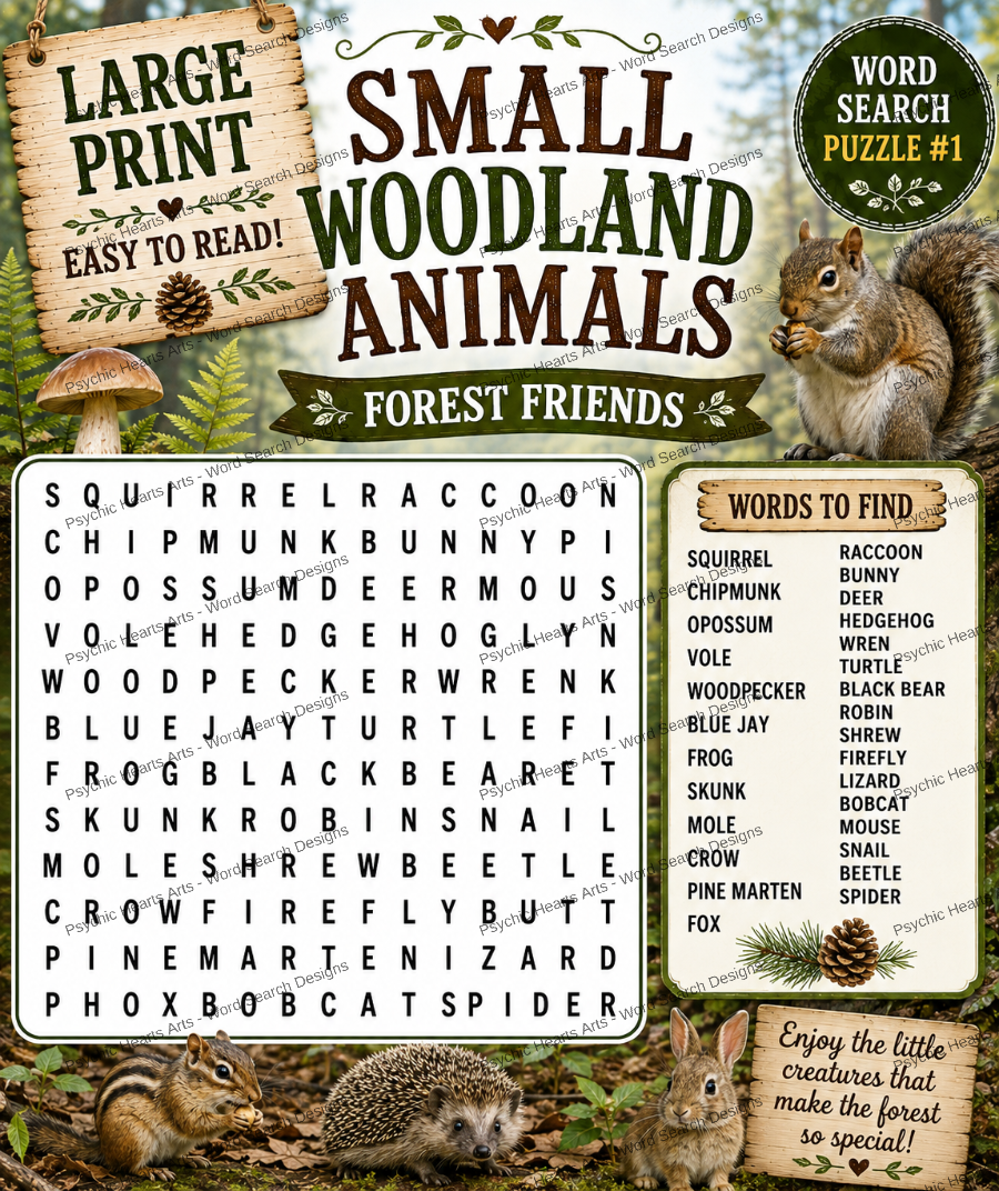 Small Woodland Animals — Printable Large Print Word Search | Instant Download PDF