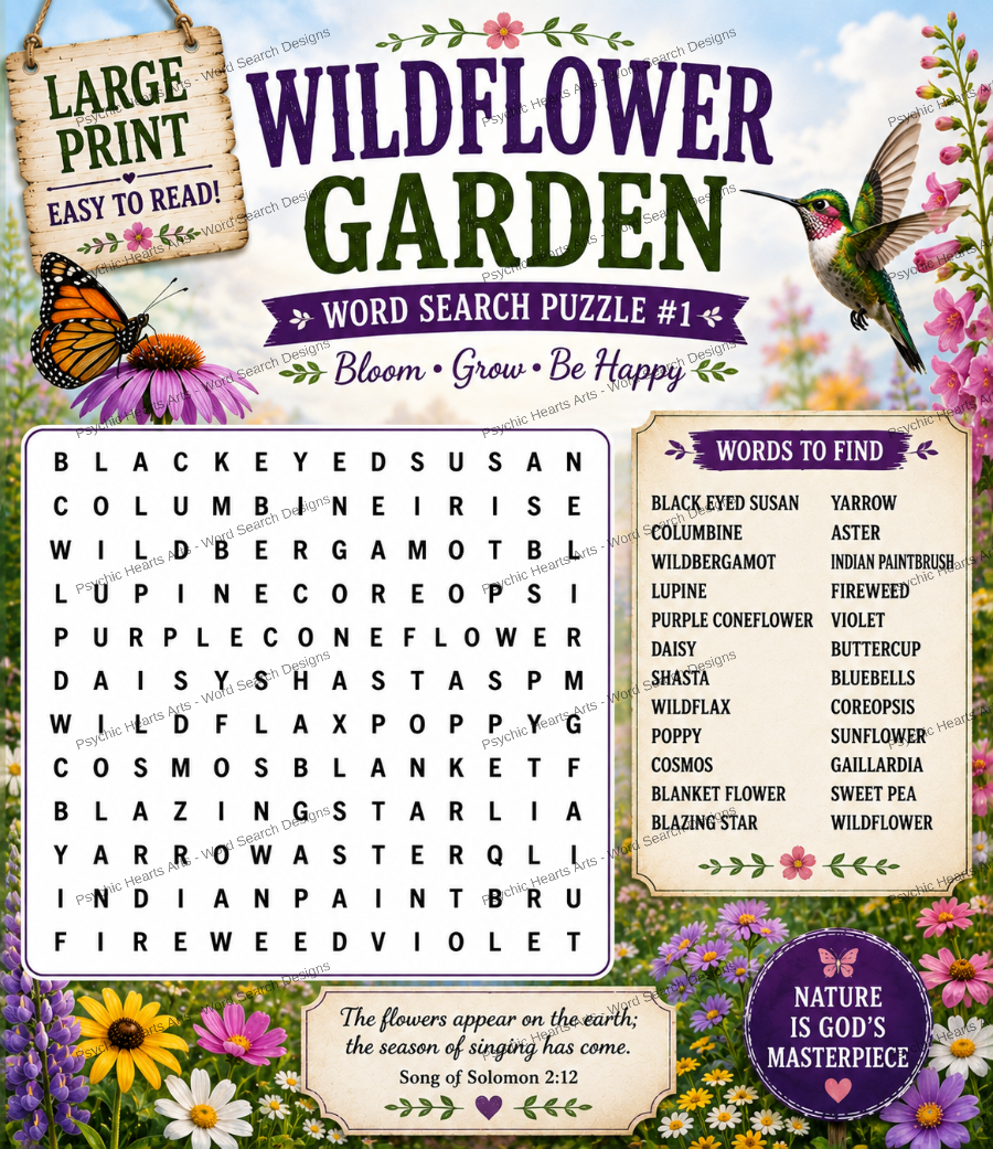 Wildflowers, Hummingbirds & Butterflies — Printable Large Print Word Search | Instant Download PDF
