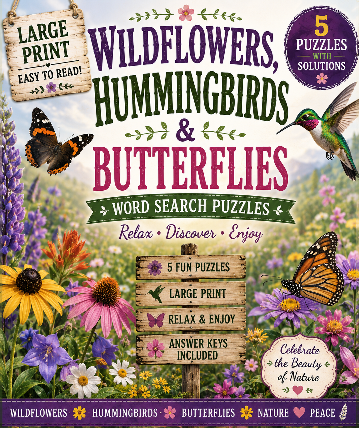 Wildflowers, Hummingbirds & Butterflies — Printable Large Print Word Search | Instant Download PDF