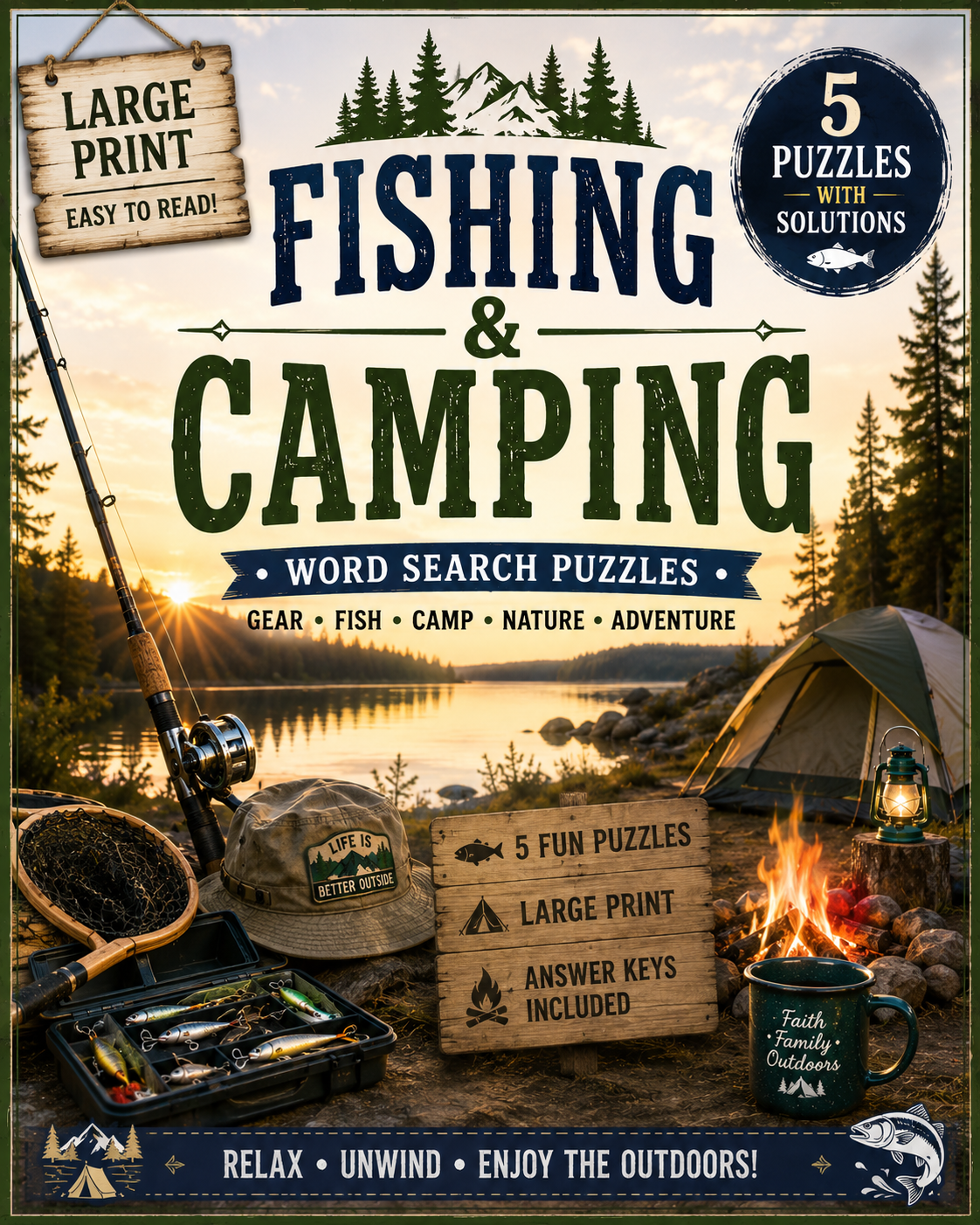 Fishing & Camping — Printable Large Print Word Search | Instant Download PDF
