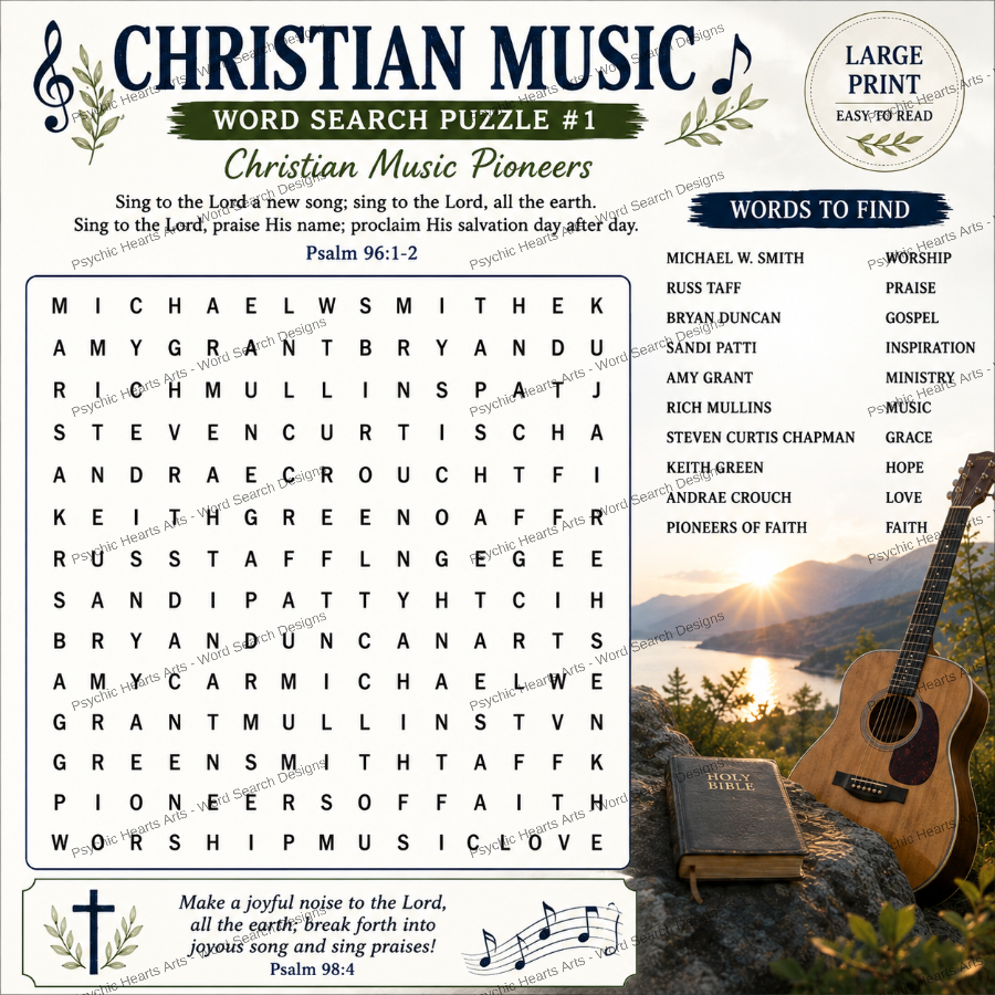 Christian Music — Printable Large Print Word Search | Instant Download PDF
