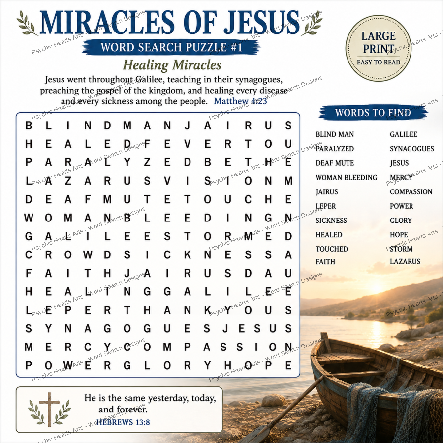 Miracles of Jesus — Printable Large Print Word Search | Instant Download PDF
