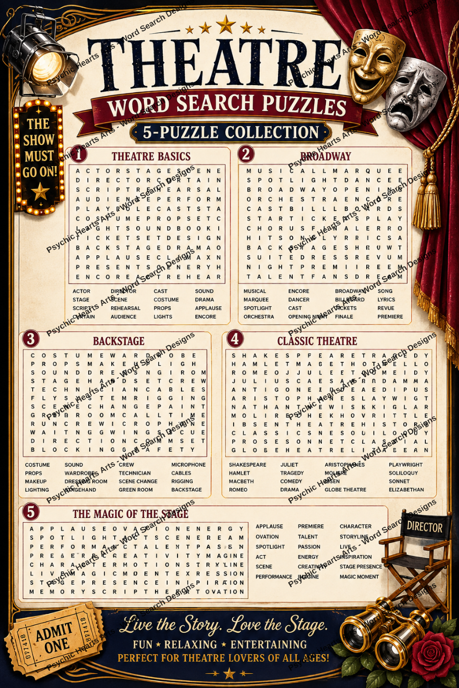 Theatre Word Search Puzzles – 5-Puzzle Collection